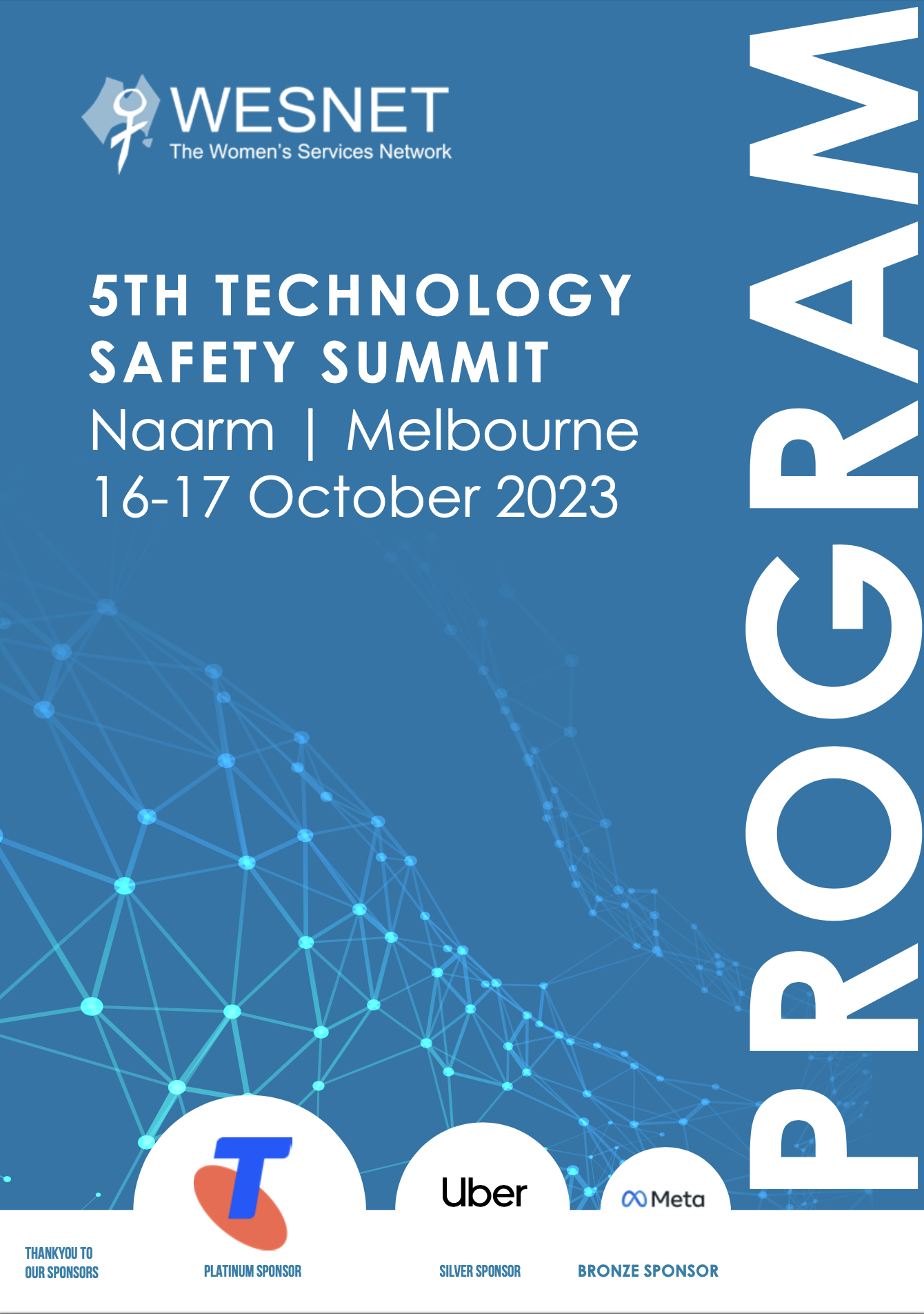 Cover of an blue booklet which is a program for the 2023 Tech Summit conference